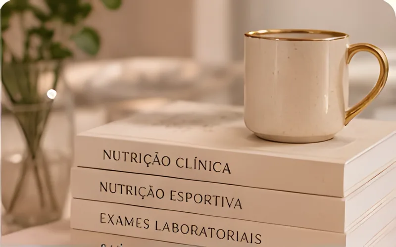 Livros de nutrição clínica, nutrição esportiva e exames laboratoriais com uma xícara por cima
