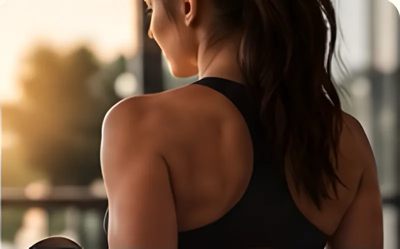 Mulher de costas em roupa de treino, ao pôr do sol