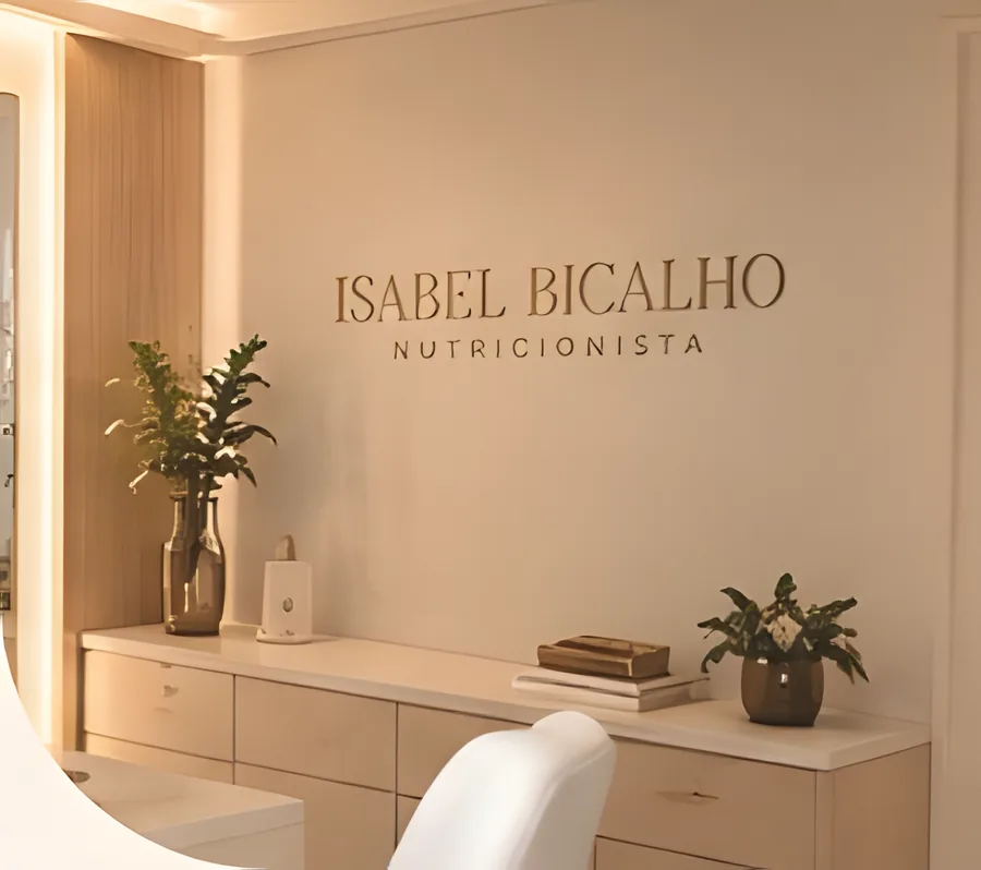 Recepção do consultório com o nome Isabel Bicalho Nutricionista na parede