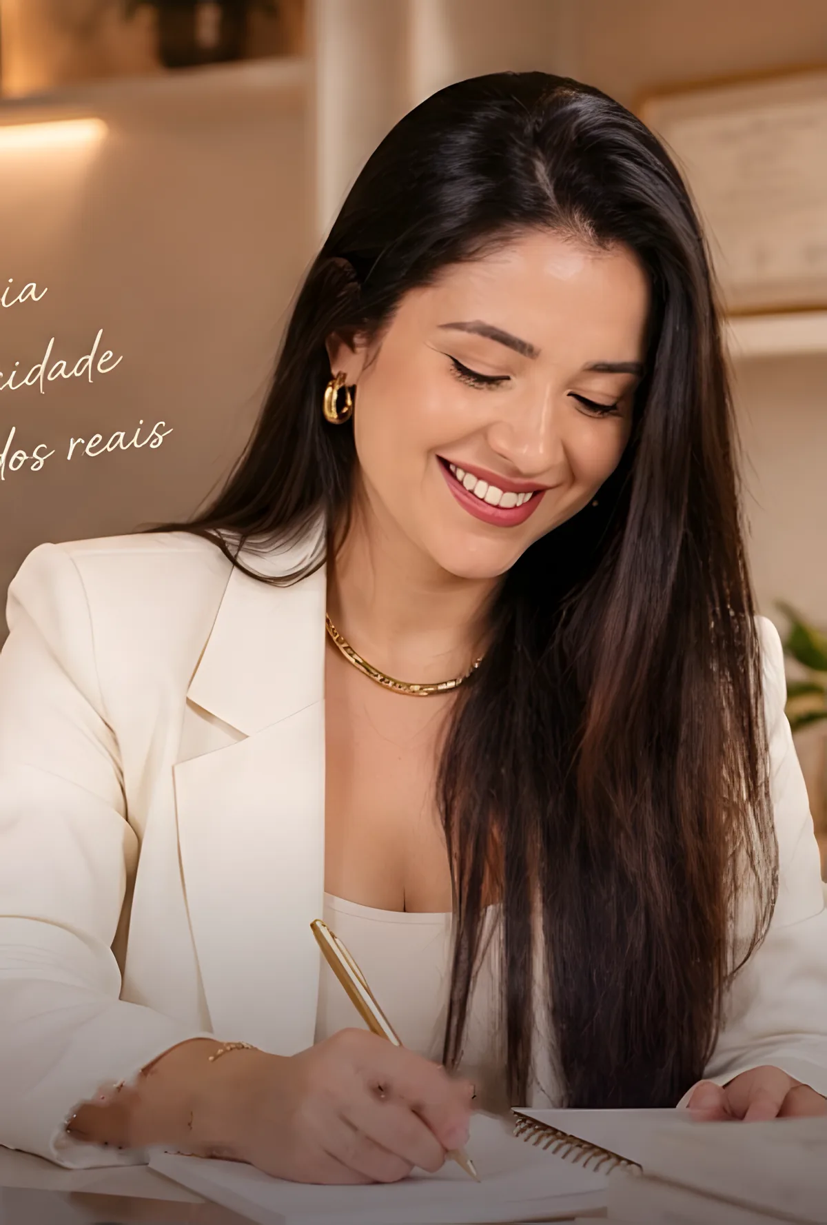 Retrato da nutricionista Isabel Bicalho sorrindo, de blazer claro, escrevendo em um caderno